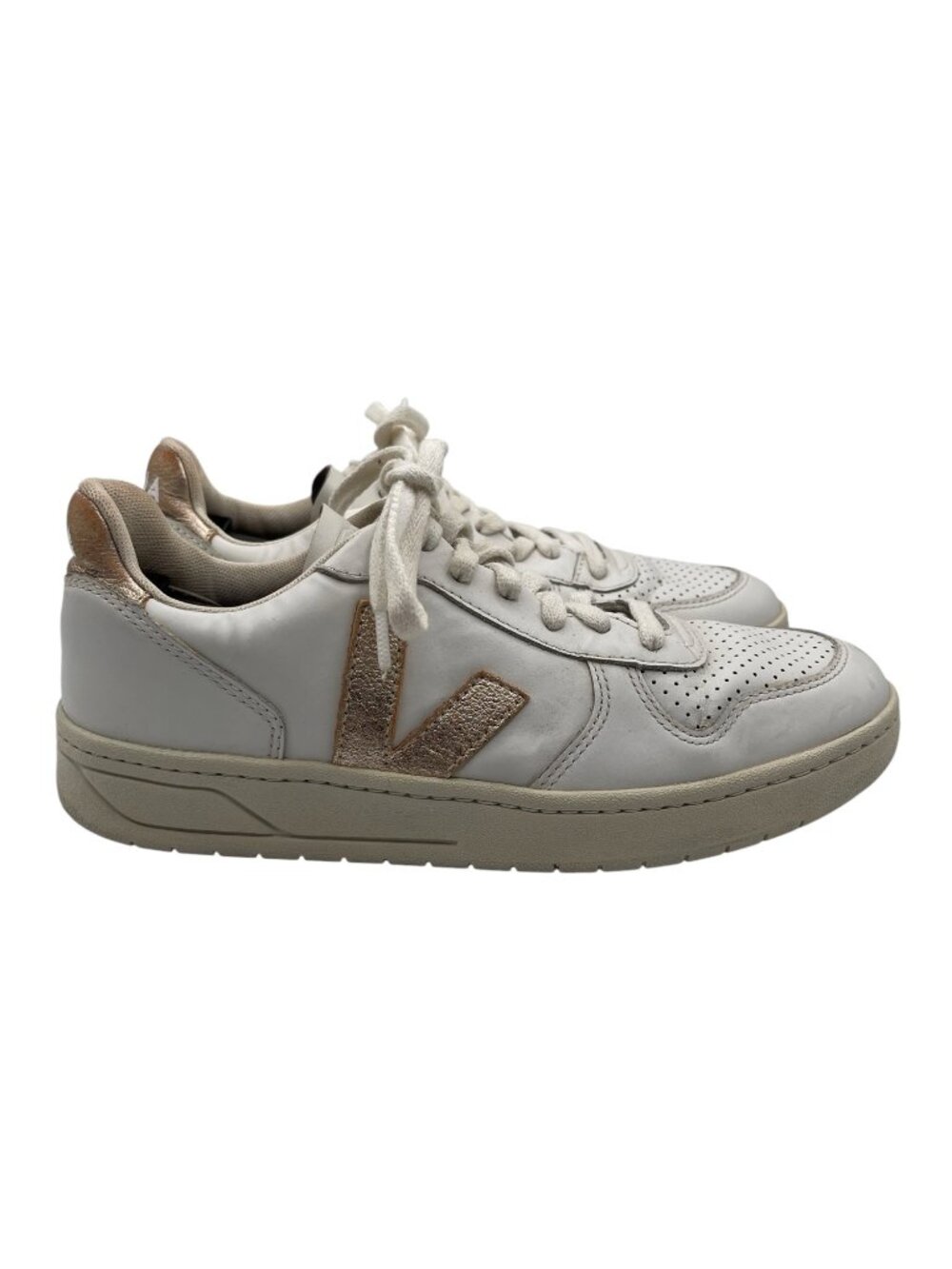 Veja V-10 White Metallic Gold Leather Low Top Women's Sneakers Shoe Size US 8